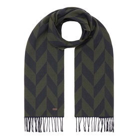 Eton Logo Chevron Fringe Scarf in dark green and navy wool with bold chevron pattern, fringed ends, and metal logo plaque