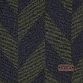 Eton Logo Chevron Fringe Scarf in dark green and navy wool with bold chevron pattern and metal logo plaque detail.