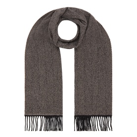 Eton Prince of Wales Check Scarf in beige, 100% wool with herringbone weave and black fringed ends, folded flat.
