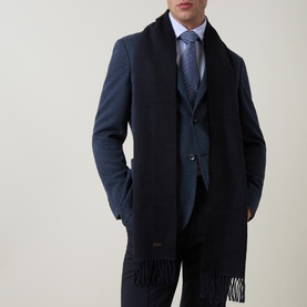 Model with Eton Logo Patchwork Fringe Scarf in navy, fringed ends, styled with matching navy suit and tie