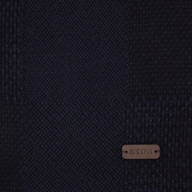 Eton Logo Patchwork Fringe Scarf in navy, 100% wool with textured patchwork panels, branded metal logo tab, fringed ends