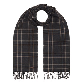 Eton Prince of Wales Check Scarf in black wool with tan check pattern and fringed ends, laid flat in an oblong shape
