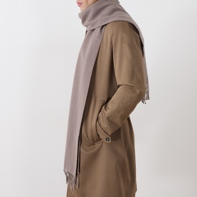 Model with Eton Logo Twill Fringe Scarf in brown, fringed ends, styled over a camel trench coat