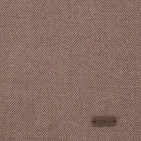 Eton Logo Twill Fringe Scarf in brown wool, close-up showing diagonal twill weave texture and small logo plaque detail