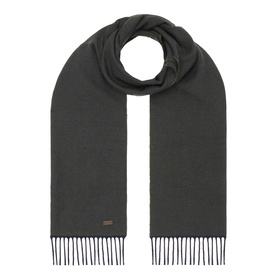Eton Logo Twill Fringe Scarf in dark green wool with small logo plaque and fringed ends, laid flat in oblong shape