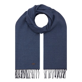 Eton Logo Twill Fringe Scarf in blue wool, with small logo plaque and knotted display showing fringed ends