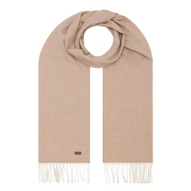 Eton Logo Twill Fringe Scarf in beige wool, coiled display showing fringed ends and small logo plaque detail.