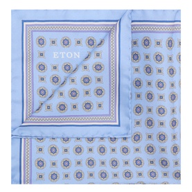 Eton Light Blue silk pocket square with geometric medallion print and contrast border detail