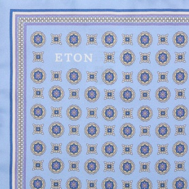 Eton light blue silk pocket square with repeating medallion print and decorative border detail