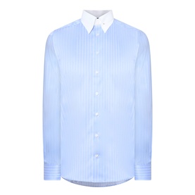 Eton Signature Striped Shirt in mid blue pinstripe with white pointed collar, pin fastening, long sleeves, and front button placket
