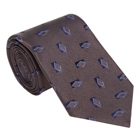 Eton brown silk tie with navy blue diamond pattern, rolled presentation showing full width and texture