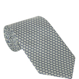 Eton Geometric Silk Tie in mid green, featuring hexagonal print pattern, wide blade and pointed tip, rolled display