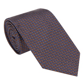 Eton Geometric Silk Tie in brown with blue and orange micro-dot pattern, wide blade and pointed tip, rolled presentation