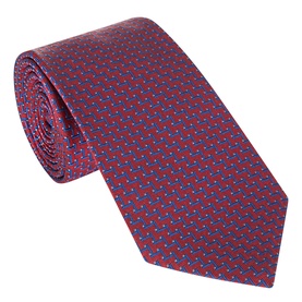 Eton Geometric Silk Tie in navy blue with red geometric dot print, wide blade, pointed tip, 100% silk