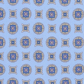 Eton Medallion Silk Tie in light blue with navy and gold medallion repeat print, 100% silk, wide blade