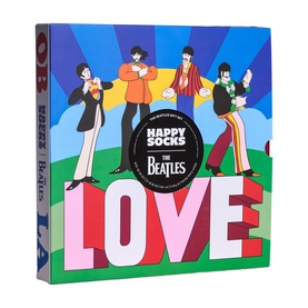 Happy Socks The Beatles Gift Set, light purple illustrated box featuring animated band members and bold LOVE lettering