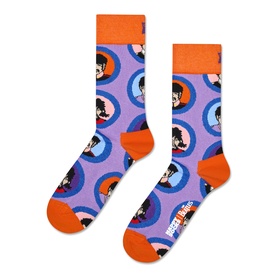 Happy Socks light purple adult socks with orange cuffs and heels, featuring circular Beatles portrait print