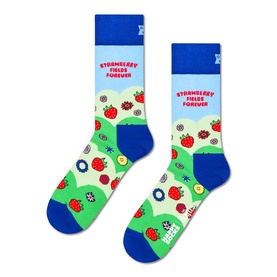 Happy Socks adult socks in light purple with strawberry and fruit print, "Strawberry Fields Forever" text, blue heel and toe detail