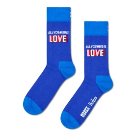 Happy Socks All You Need Is Love adult socks in light purple with bold red and white slogan text detail, crew length