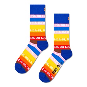 Happy Socks adult socks in light purple with multicolour stripes and OB-LA-DI text, shown as a pair