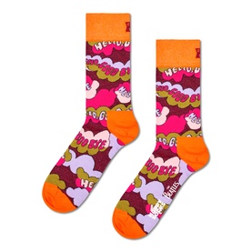 Happy Socks adult socks in light purple with orange cuffs and heels, featuring bold retro comic-style graphic print