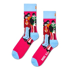 Happy Socks Light Purple Beatles-print adult socks with pink body, blue cuff and heel, featuring cartoon band figures graphic