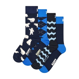 Happy Socks Navy Adult Socks Multi Pack, four pairs featuring polar bear, argyle, wave and plain designs in navy and blue