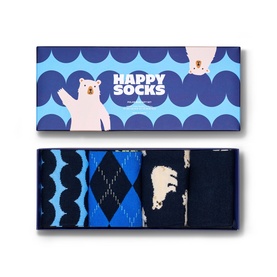 Happy Socks Navy Adult Socks Multi Pack gift box, featuring four pairs in navy, blue argyle, bear print and cream patterns.