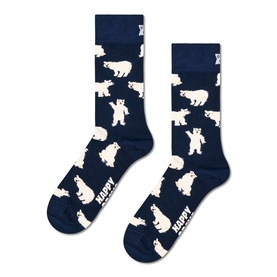 Happy Socks navy adult socks with all-over white polar bear print, crew length, shown as a pair.
