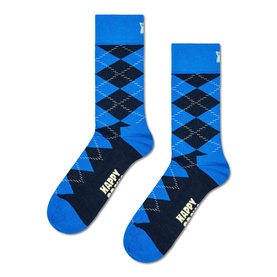 Happy Socks navy and blue argyle pattern adult socks, shown as a pair with ribbed cuff and reinforced heel and toe.
