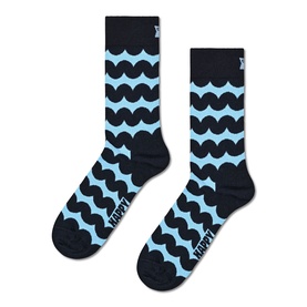 Happy Socks navy adult socks with light blue wavy stripe pattern, shown as a pair against white background