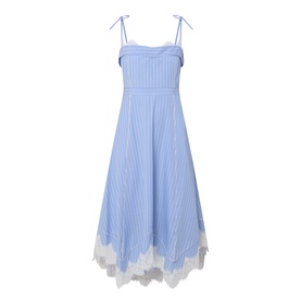 Jonathan Simkhai Avaleigh Stripe Dress in Oxford Blue Stripe, bustier bodice, self-tie straps, lace-trimmed handkerchief hem, midi length