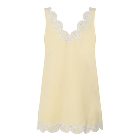 Jonathan Simkhai Edena Embroidered Linen Mini Dress in Buttercream with scalloped embroidered neckline and hem trim, sleeveless