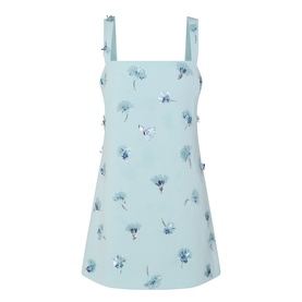 Jonathan Simkhai Ella Embellished Mini Dress in blue, square neckline, fixed straps, floral embellishment detailing throughout