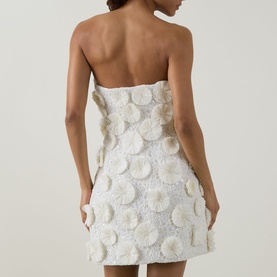 Model wearing Jonathan Simkhai Holland Floral Raffia Bustier Mini Dress in white, strapless with 3D floral raffia embellishment, back view