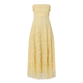 Jonathan Simkhai Imogen Lace Bustier Dress in buttercream, strapless midi with floral lace, fold neckline detail and pleated skirt