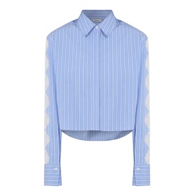 Jonathan Simkhai Renata Cropped Embellished Shirt in Oxford Blue Stripe with lace sleeve panels, pointed collar, and single cuffs
