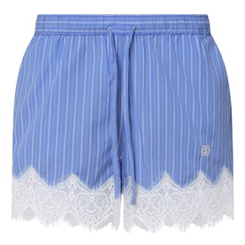 Jonathan Simkhai Emmie Stripe Lace Shorts in Oxford Blue Stripe with white scalloped lace trim and elasticated drawstring waist