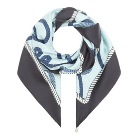 Blue and grey silk square scarf with nautical rope and chain print, folded into diamond shape showing contrast border detail