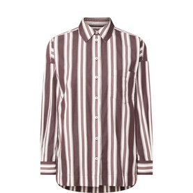 Marc O Polo dark red and white vertical stripe cotton blouse with button front, chest pocket, and long sleeves