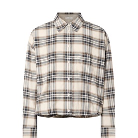 Marc O Polo offwhite multi check cotton blouse with button-front, point collar and cropped relaxed fit