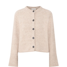Marc O Polo light brown marl knit cardigan with crew neck, button front, and ribbed cuffs in alpaca-wool blend