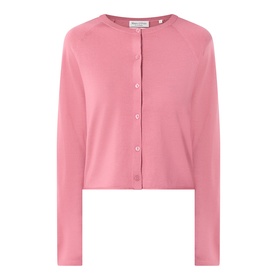 Marc O Polo Berry Rose wool cardigan with round neckline, long sleeves, and button-through front fastening