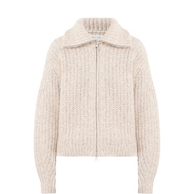 Marc O Polo Light Brown Multi chunky knit zip-up cardigan with wide collar, balloon sleeves, and ribbed texture