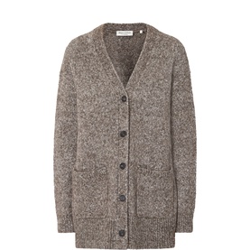 Marc O Polo Dark Brown Multi cardigan, V-neck, button-front, two patch pockets, marl-knit texture, relaxed longline fit