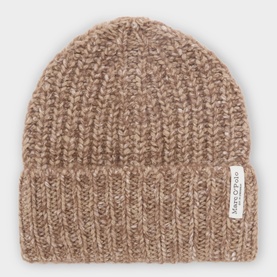 Marc O Polo Dark Brown Multi chunky ribbed knit beanie hat with folded cuff and woven logo label