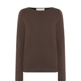 Marc O Polo Burnt Coffee wool-blend knit jumper with bateau neckline and long sleeves, flat lay