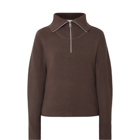 Marc O Polo Burnt Coffee half-zip knit jumper in wool blend, ribbed cuffs and hem, silver zip detail