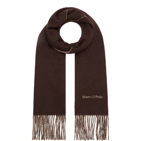 Marc O Polo Burnt Coffee wool scarf with contrast stitching detail and fringe trim, shown flat against white background