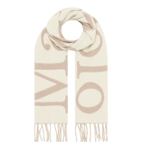 Marc O Polo light beige wool-alpaca blend scarf with oversized logo jacquard and fringe trim, coiled flat lay